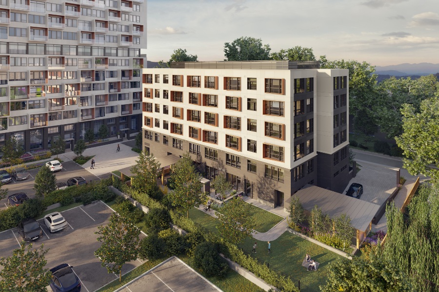 A rendering of the exterior of Tresah East's residential building.